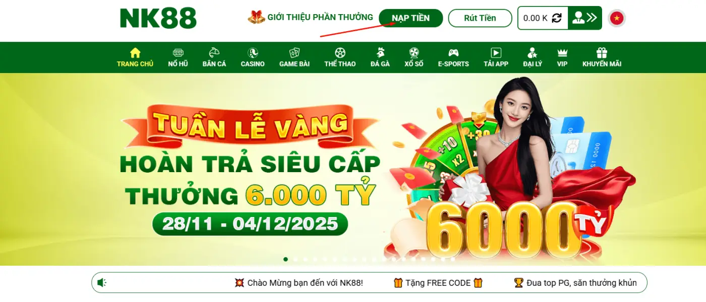Giao diện nạp tiền tại nhà cái NK88